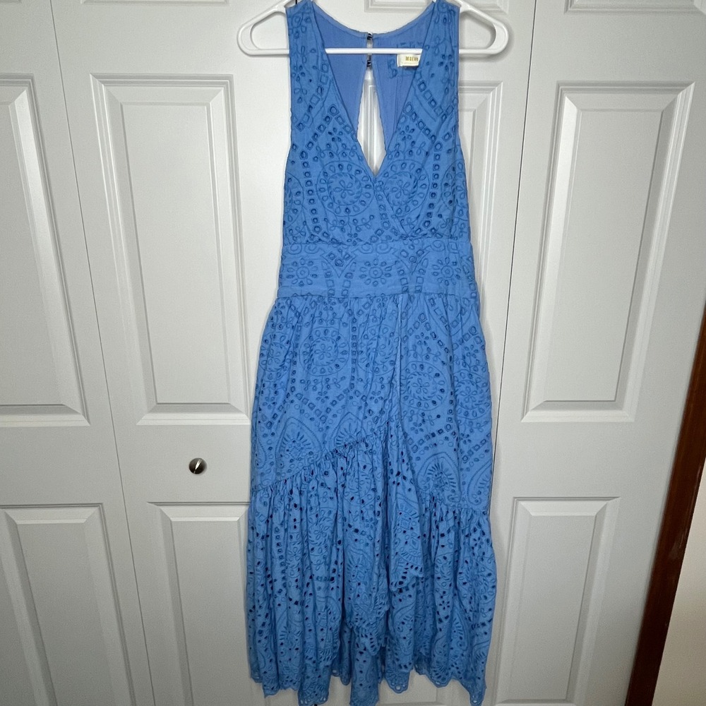 Maeve Anthropologie Blue Eyelet Midi Dress Size 12 Tie Waist Boho - Picture 3 of 15